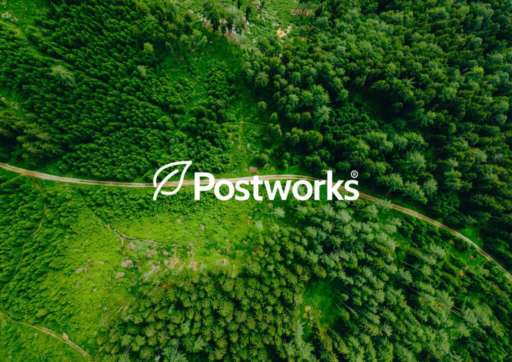 Postworks logo on carbon neutral background with trees