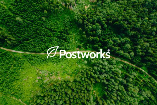 Postworks logo on carbon neutral background with trees